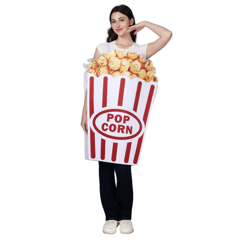 Popcorn - Neues Halloween-Cosplay-Kostüm, lustiger Popcorn-Digitaldruck-Jumpsuit, Karneval-Themenparty-Rollenspiel-Outfit für